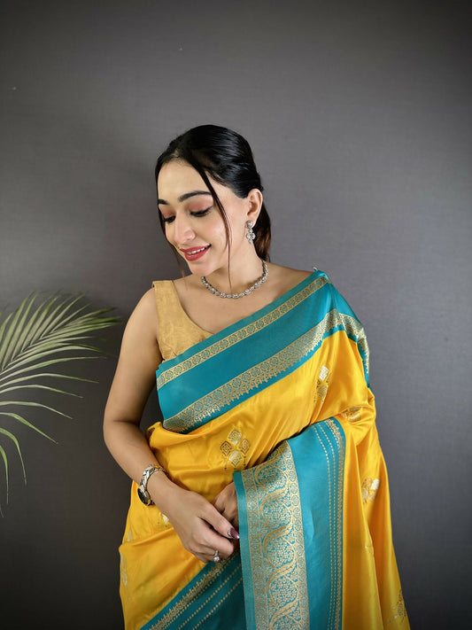 Joban Fashion Yellow Banarasi Soft Silk Woven Saree | Swadesiicart