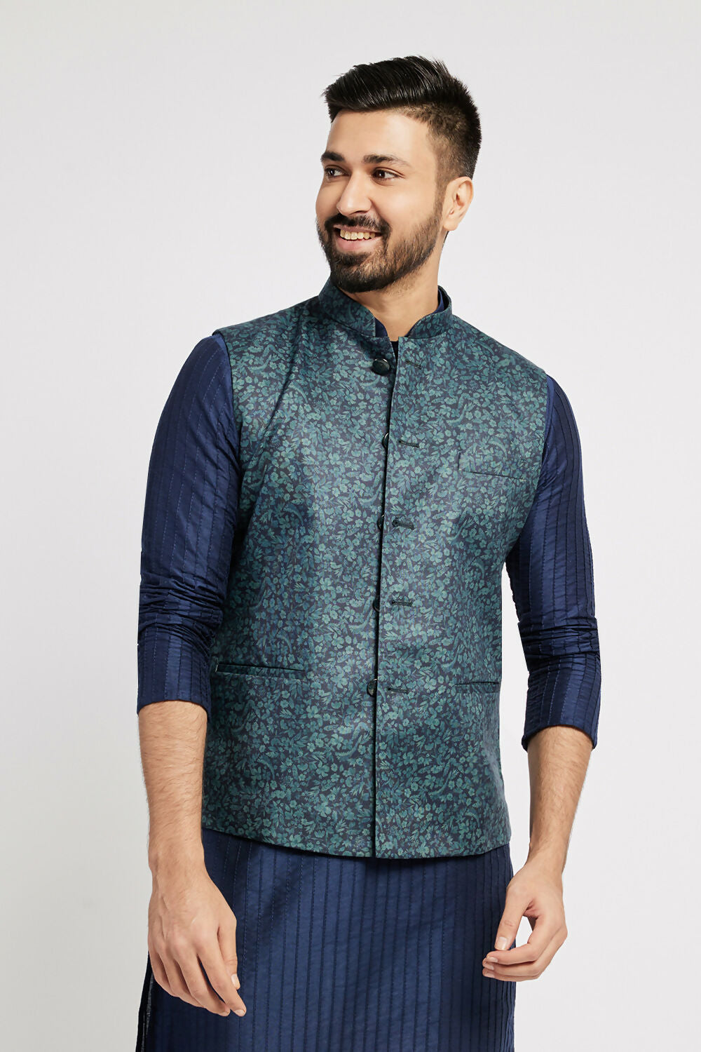 Ethnic India Navy Blue Bundi Men's Jacket Geometric Polyester | Swadesiicart