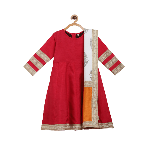 Ahalyaa Red Poly Silk Anarkali Kids Kurta With Dupatta Set For Girls | Swadesiicart