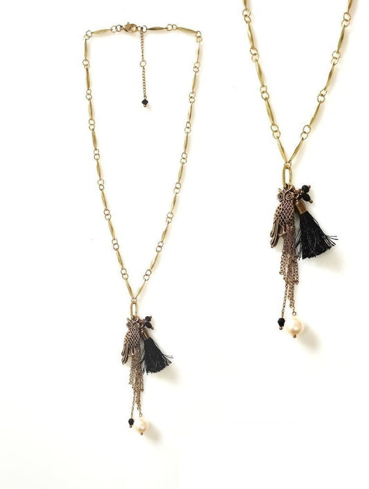 Bling Accessories Antique Brass Finish Qwl Pendant long Charm Necklace with Black Mini Tassel & Baroque Pearl | Swadesiicart