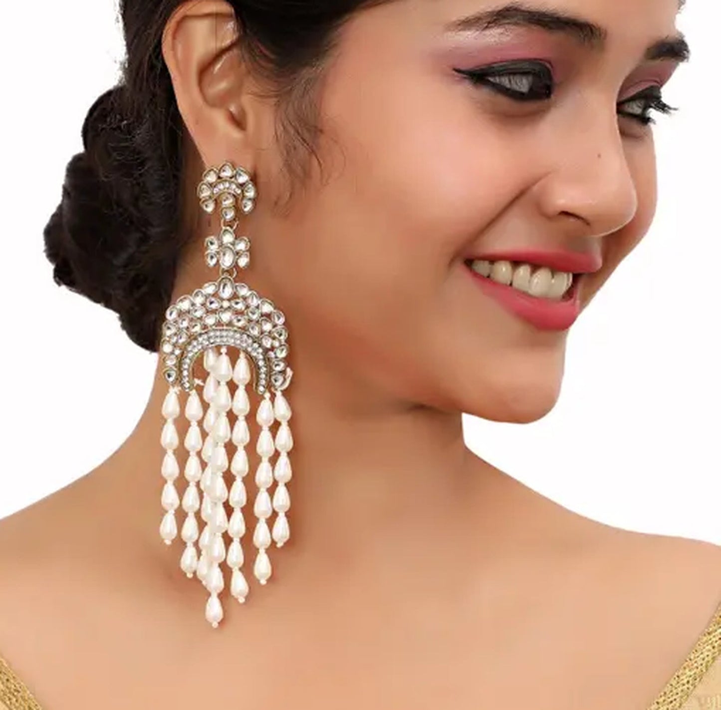 Jewel City Elegant Kundan Pearl Waterfall Earrings - Bridal Chandelier Earrings for Wedding & Festive Occasions | Swadesiicart