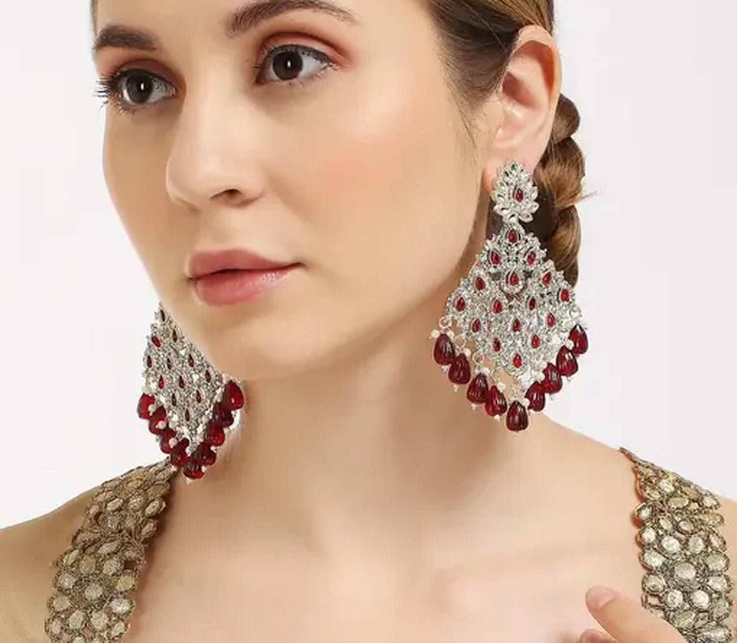 Jewel City Luxurious Maroon Chandelier Earrings - Traditional Indian Statement Jewelry for Wedding & Festival Elegance | Swadesiicart