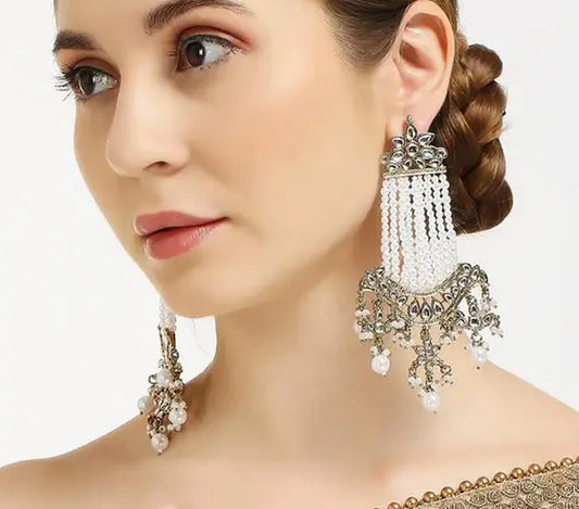 Jewel City Victorian Pearl Tassel Earrings - Vintage-Inspired Silver Chandelier Earrings for Wedding & Festive Wear | Swadesiicart