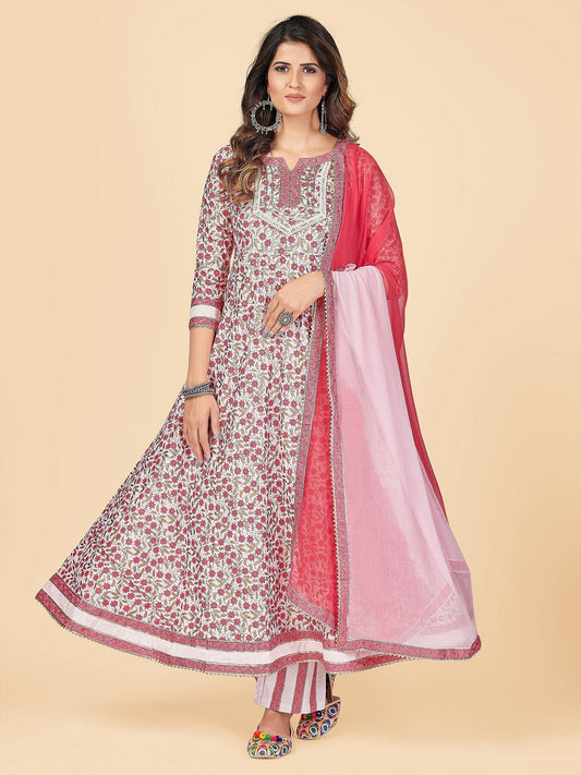 NOZ2TOZ Women's Pink Anarkali Kurta & Pant With Dupatta Set- (3pcs set) - Noz2Toz