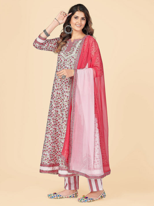 NOZ2TOZ Women's Pink Anarkali Kurta & Pant With Dupatta Set- (3pcs set) - Swadesiicart