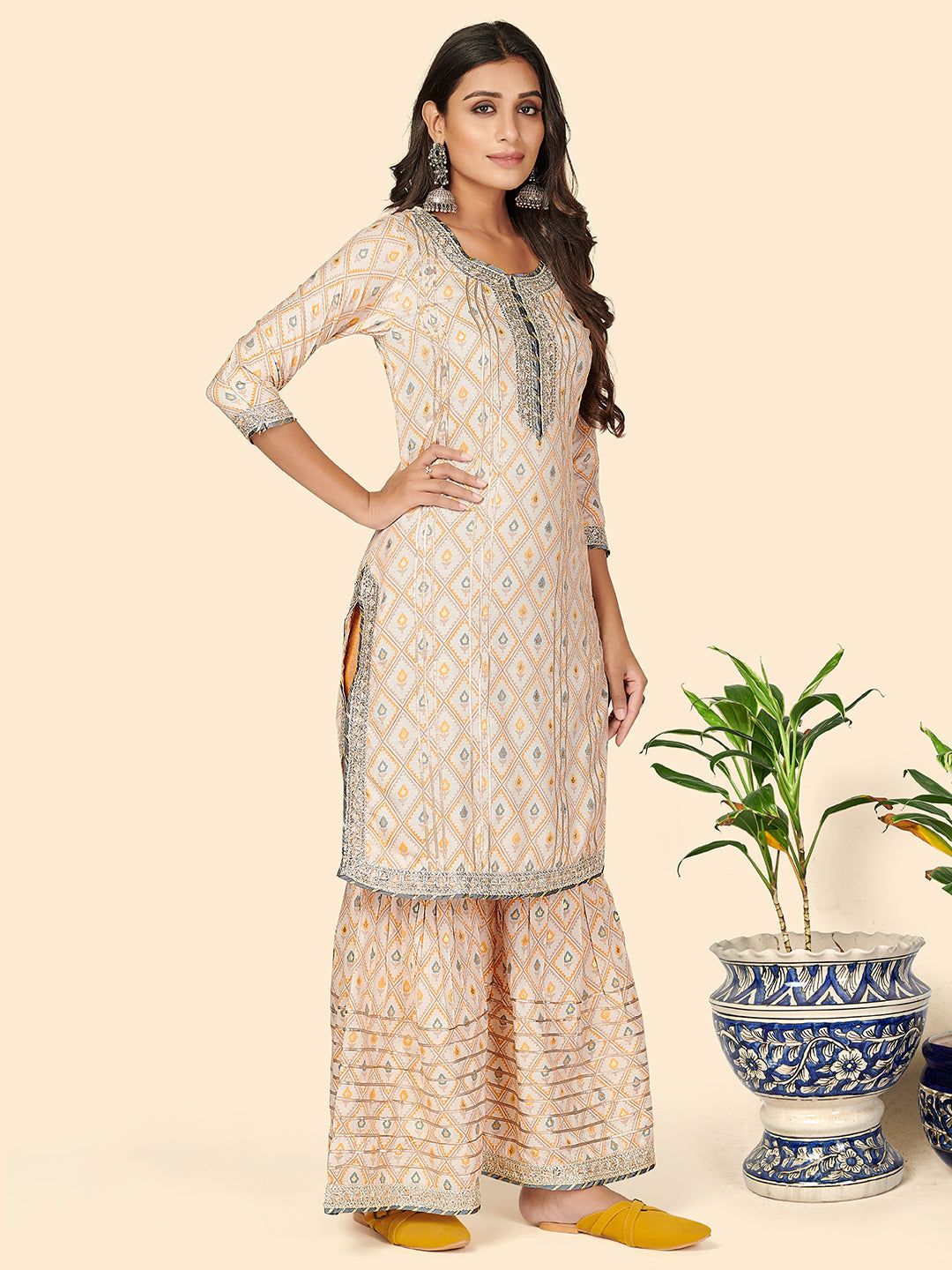 NOZ2TOZ Women's Print & Gota Patti Straight Muslin Yellow Stitched Kurta Sharara With Dupatta - Swadesiicart