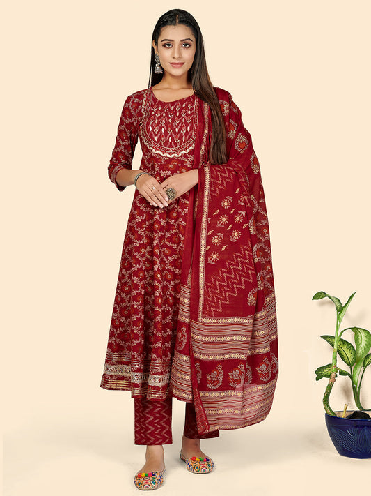 NOZ2TOZ Women's Red Anarkali Kurta & Pant With Dupatta- (3pcs set) - Noz2Toz