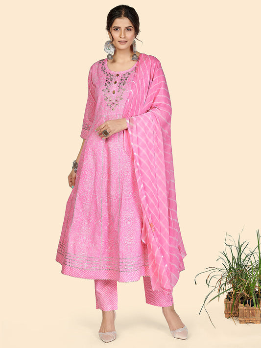 NOZ2TOZ Women's Bandhani & Embroidered Anarkali Cotton Baby Pink Stitched Kurta Pant With Dupatta - Noz2Toz
