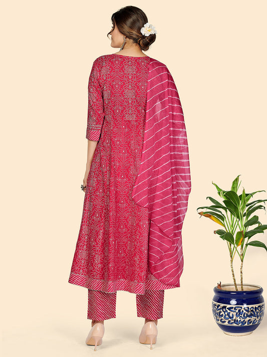 NOZ2TOZ Women's Bandhani & Embroidered Anarkali Cotton Dark Pink Stitched Kurta Pant With Dupatta - Swadesiicart