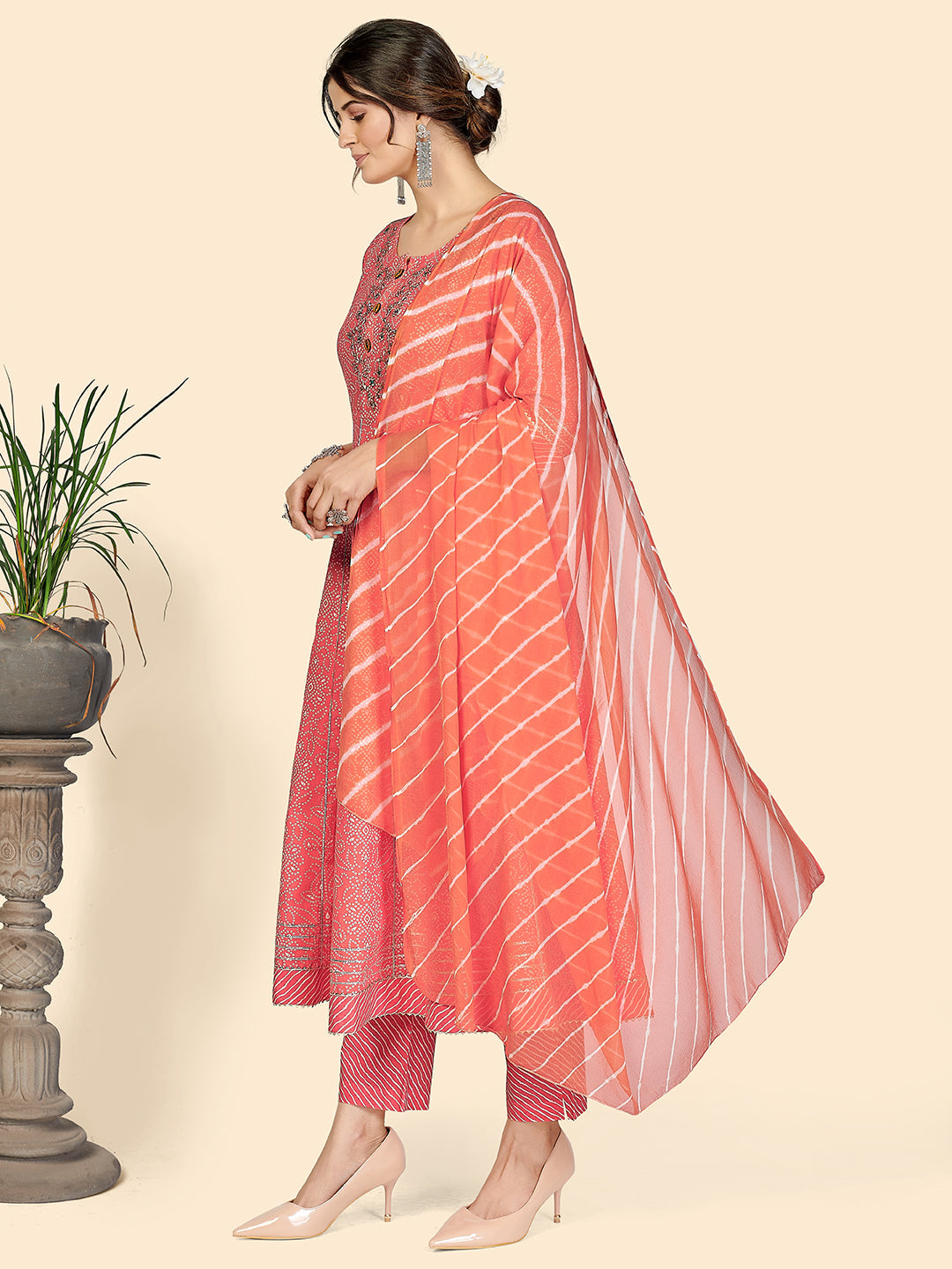 NOZ2TOZ Women Pink Printed Anarkali Kurta With Palazzo & Dupatta (3 pc set) - Swadesiicart