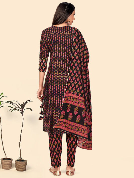 NOZ2TOZ Women's Print & Sequience Straight Cotton Black Stitched Kurta Pant With Dupatta - Swadesiicart