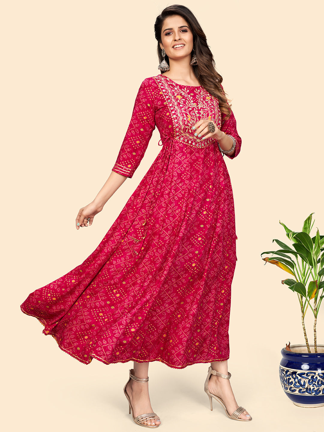 NOZ2TOZ Women's Printed & Embroidered Anarkali Rayon Pink Stitched Kurta - Swadesiicart