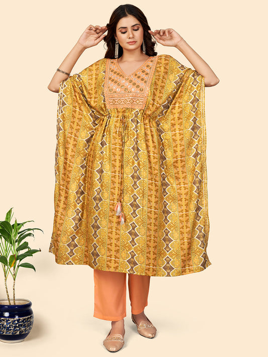 NOZ2TOZ Women Yellow Rayon Kaftan Kurta With Pant (2pcs Set) - Swadesiicart