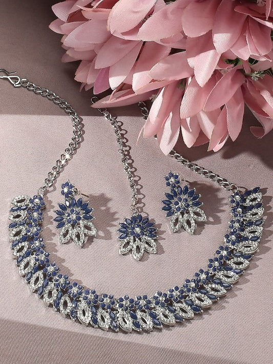 Jewel City Rhodium-Plated Stones Studded Necklace & Earrings With Maang Tika | Swadesiicart