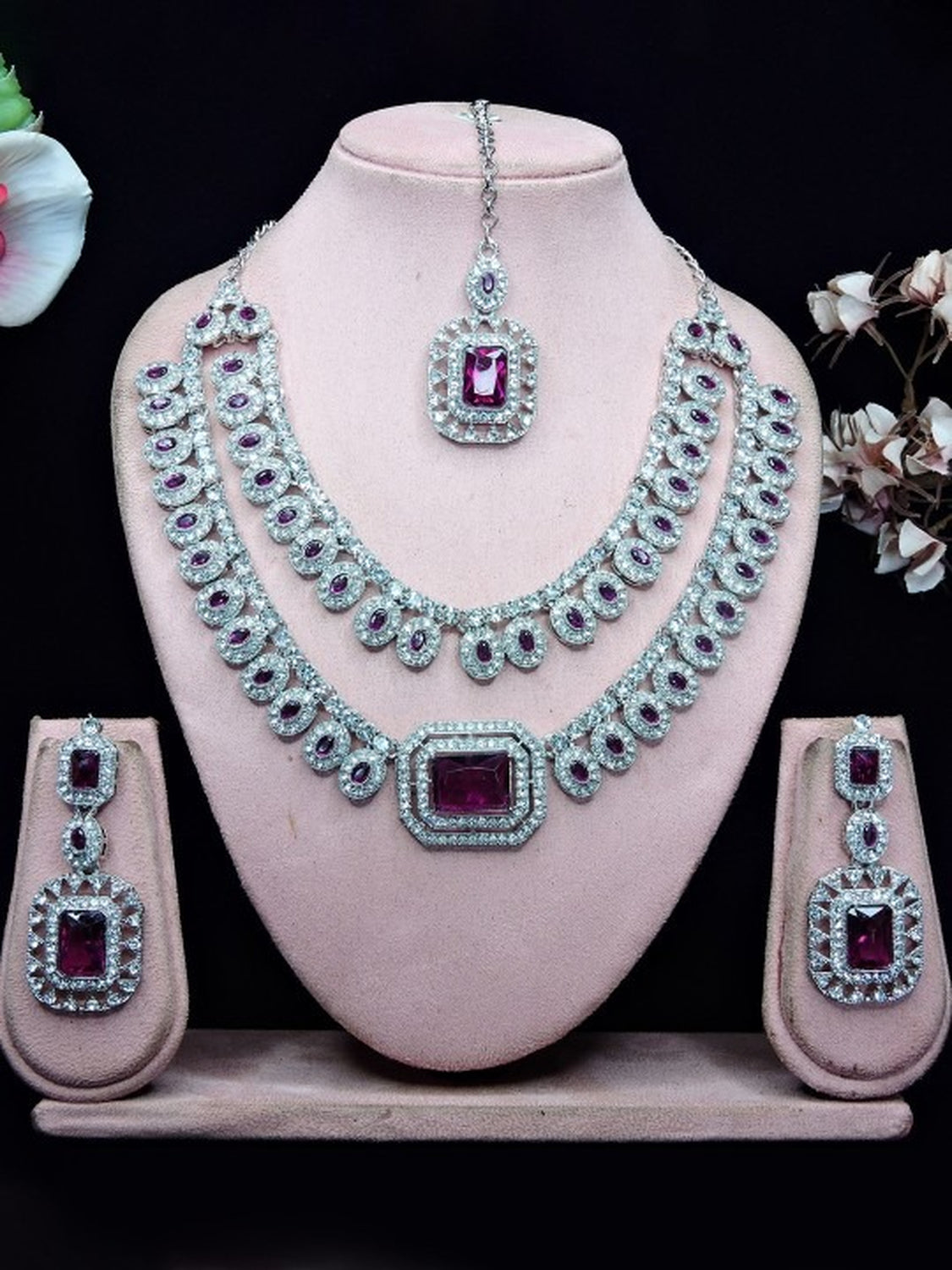 Jewel City Rhodium-Plated Necklace Set | Bridal & Party Statement Jewelry Set for Women | Designer Choker, Earrings, Maang Tikka | Swadesiicart