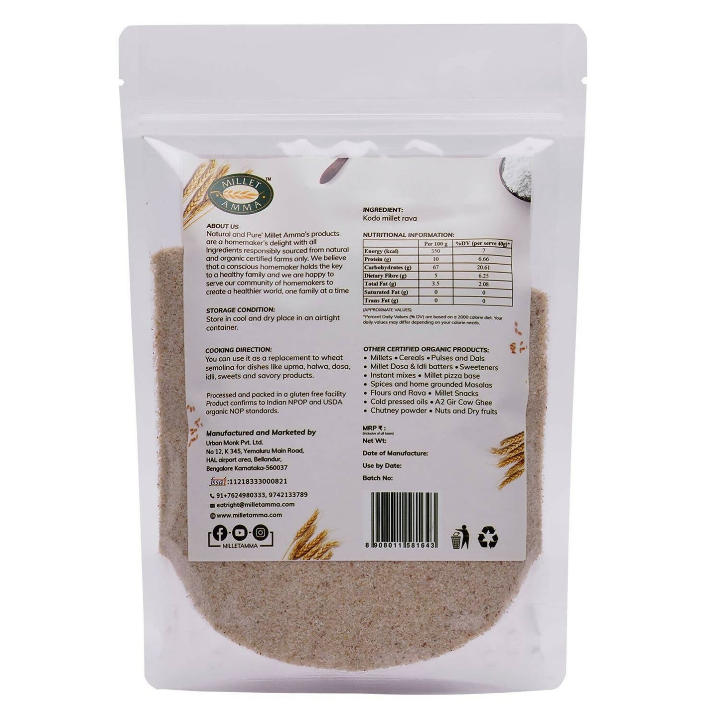 Millet Amma Organic Kodo Millet Rava - Swadesiicart