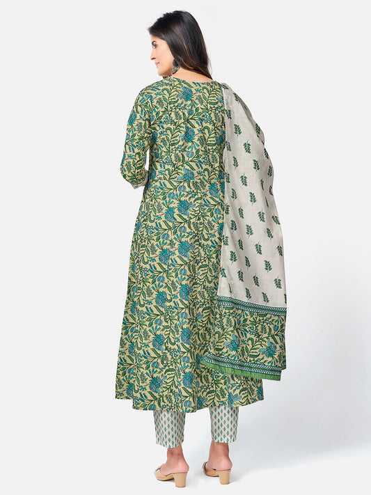 NOZ2TOZ Women Green Anarkali Cotton Kurta with Pant & Dupatta (3pcs Set) - Swadesiicart