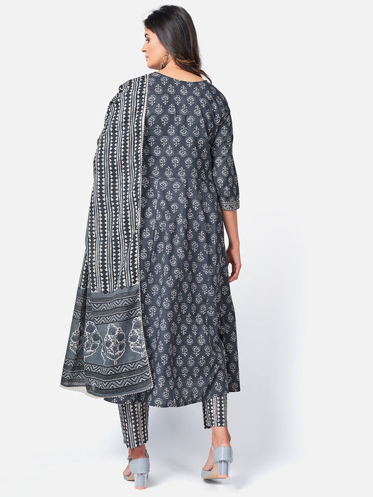 NOZ2TOZ Women Dark Grey Anarkali Cotton Kurta with Pant & Dupatta (3pcs Set) - Swadesiicart
