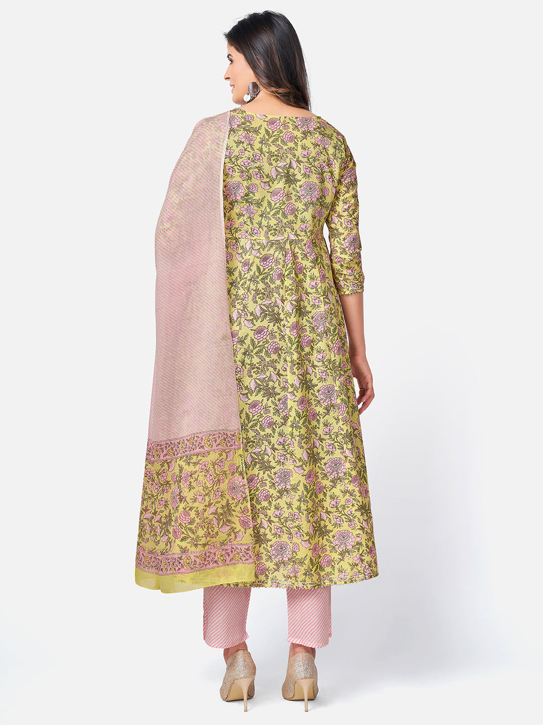 NOZ2TOZ Women Yellow Anarkali Cotton Kurta With Pant & Dupatta (3pcs Set) - Swadesiicart