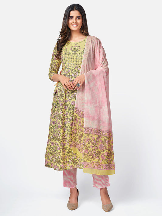 NOZ2TOZ Women Yellow Anarkali Cotton Kurta With Pant & Dupatta (3pcs Set) - Noz2Toz