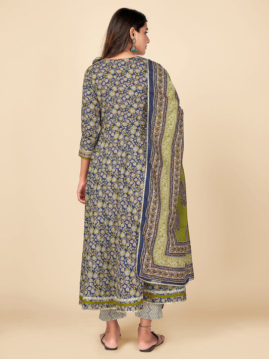 NOZ2TOZ Women Blue Anarkali Cotton Kurta with Pant & Dupatta (3pcs Set) - Swadesiicart