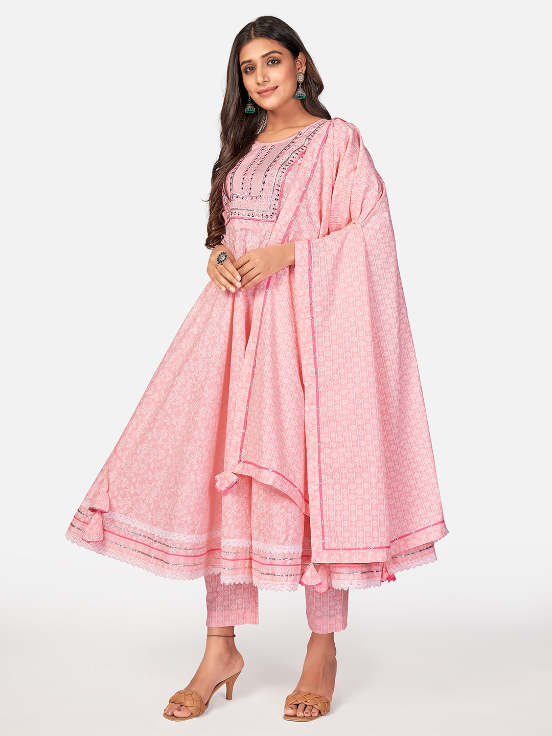 NOZ2TOZ Women Baby Pink Cotton Anarkali Kurta With Pant & Dupatta (3pcs Set) - Swadesiicart