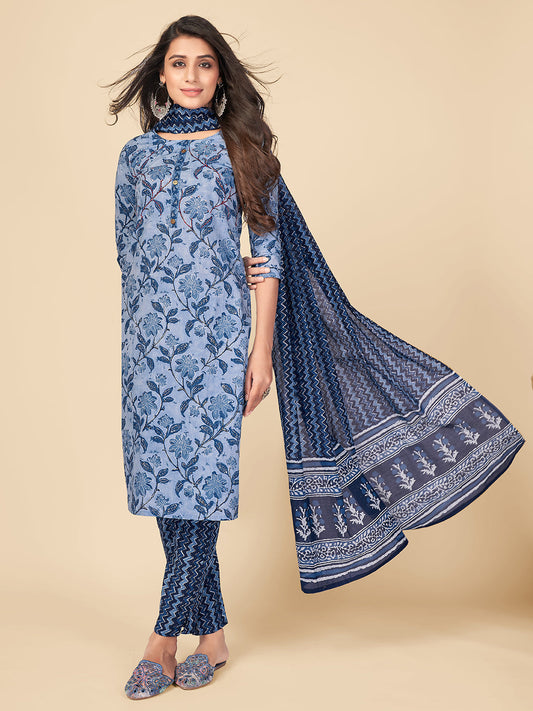 NOZ2TOZ Women Blue Cotton Kurta With Pant & Dupatta (3pcs Set) - Noz2Toz