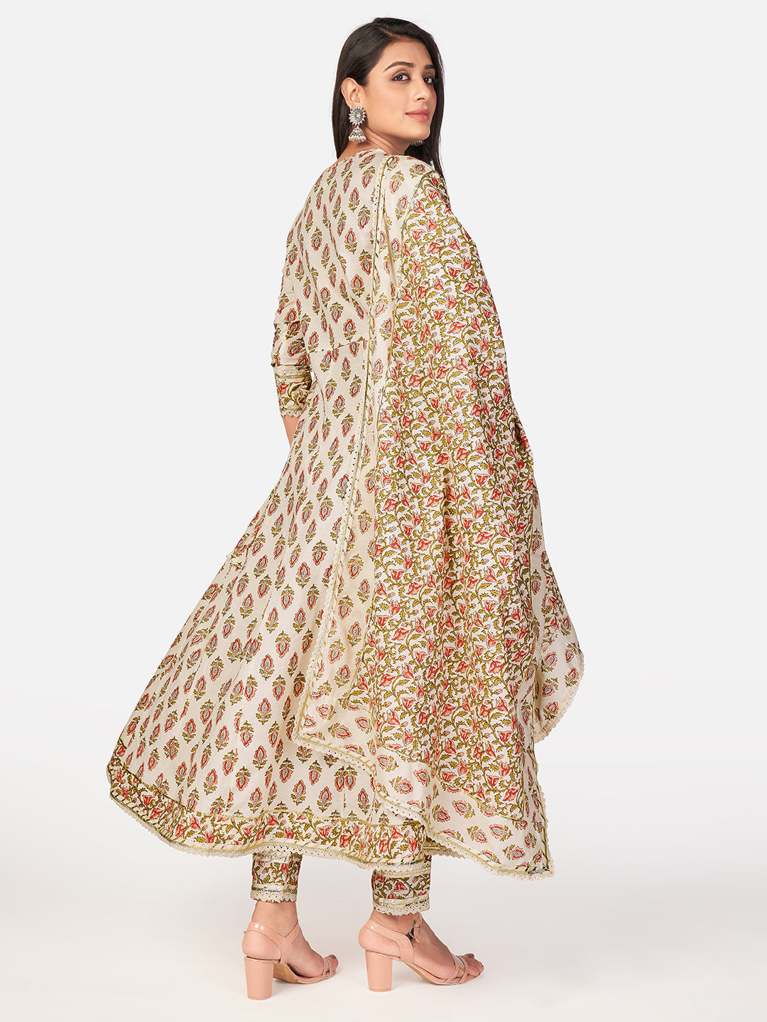 NOZ2TOZ Women Beige Anarkali Cotton Kurta with Pant & Dupatta (3pcs Set) - Swadesiicart