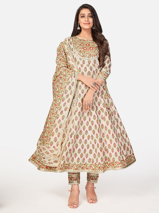 NOZ2TOZ Women Beige Anarkali Cotton Kurta with Pant & Dupatta (3pcs Set) - Noz2Toz