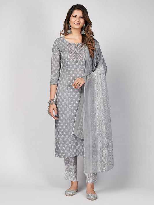 NOZ2TOZ Women's Printed & Embroidered Straight Cotton Grey Stitched Kurta Pant With Dupatta - Noz2Toz