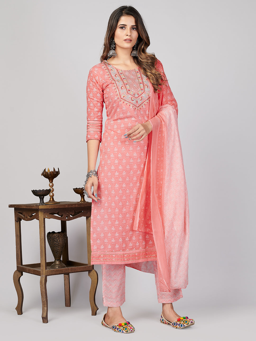 NOZ2TOZ Women's Printed & Embroidered Straight Cotton Pink Stitched Kurta Pant With Dupatta - Swadesiicart