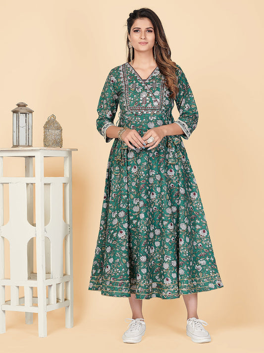NOZ2TOZ Women's Green Printed Anarkali Cotton Kurta (1 Pc Set) - Noz2Toz