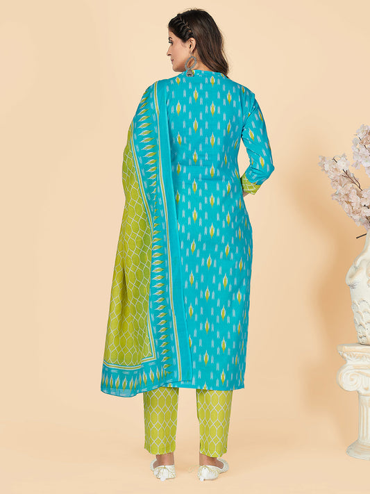 NOZ2TOZ Women's Printed & Embroidered Straight Cotton Sky Blue Stitched Kurta Pant With Dupatta - Swadesiicart