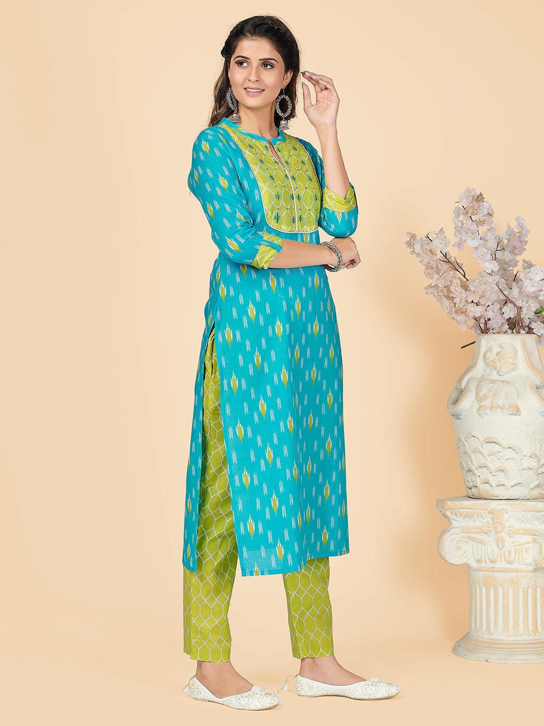 NOZ2TOZ Women's Printed & Embroidered Straight Cotton Sky Blue Stitched Kurta Pant With Dupatta - Swadesiicart