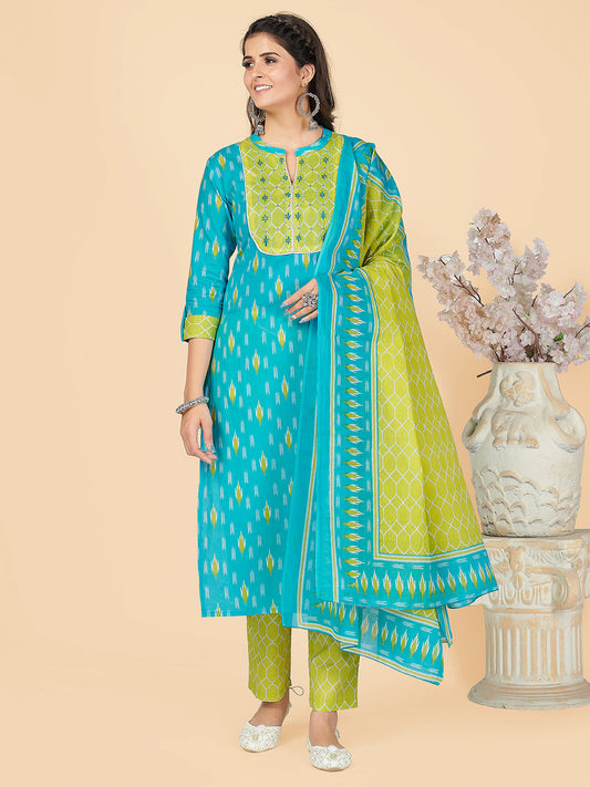 NOZ2TOZ Women's Printed & Embroidered Straight Cotton Sky Blue Stitched Kurta Pant With Dupatta - Noz2Toz
