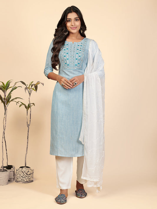 NOZ2TOZ Women's Sky Blue Kurta with Pants & Dupatta (3 Pc Set) - Noz2Toz