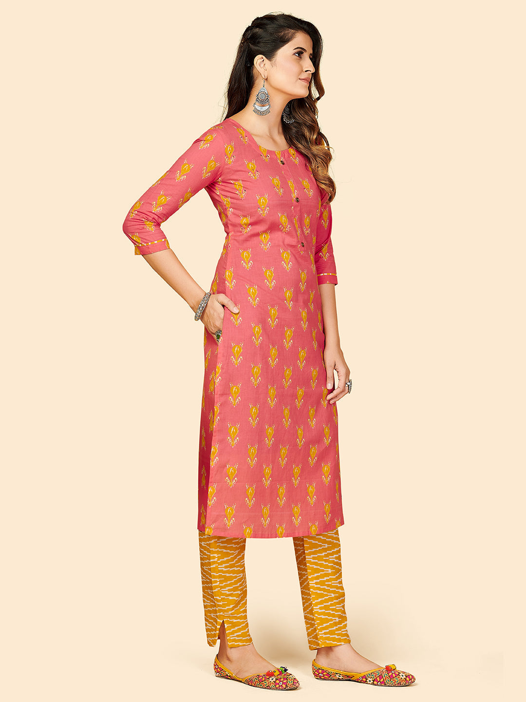 NOZ2TOZ Women's Printed & Hand Work Straight Cotton Coral Stitched Kurta Pant With Dupatta - Swadesiicart