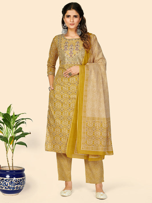 NOZ2TOZ Women's Embroidered & Sequience Work Straight Cotton Yellow Stitched Kurta Pant With Dupatta - Noz2Toz