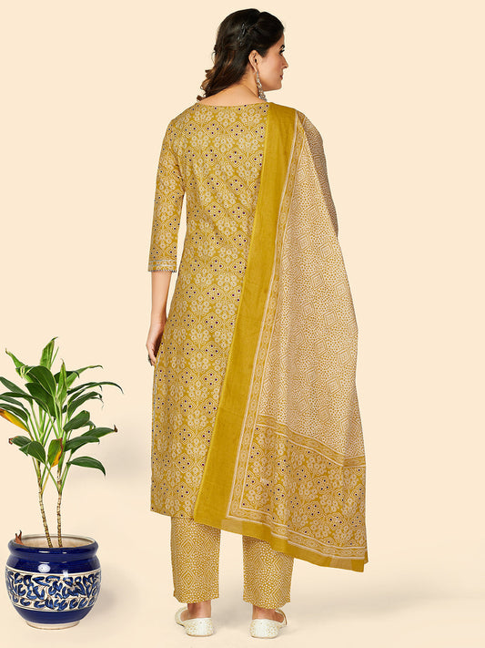 NOZ2TOZ Women's Embroidered & Sequience Work Straight Cotton Yellow Stitched Kurta Pant With Dupatta - Swadesiicart