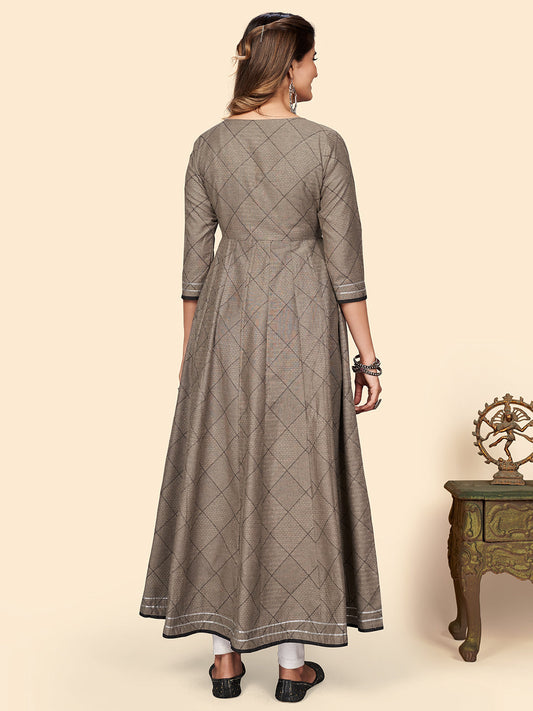NOZ2TOZ Women's Embroidered Anarkali Cotton Bland Brown Stitched Kurta - Swadesiicart