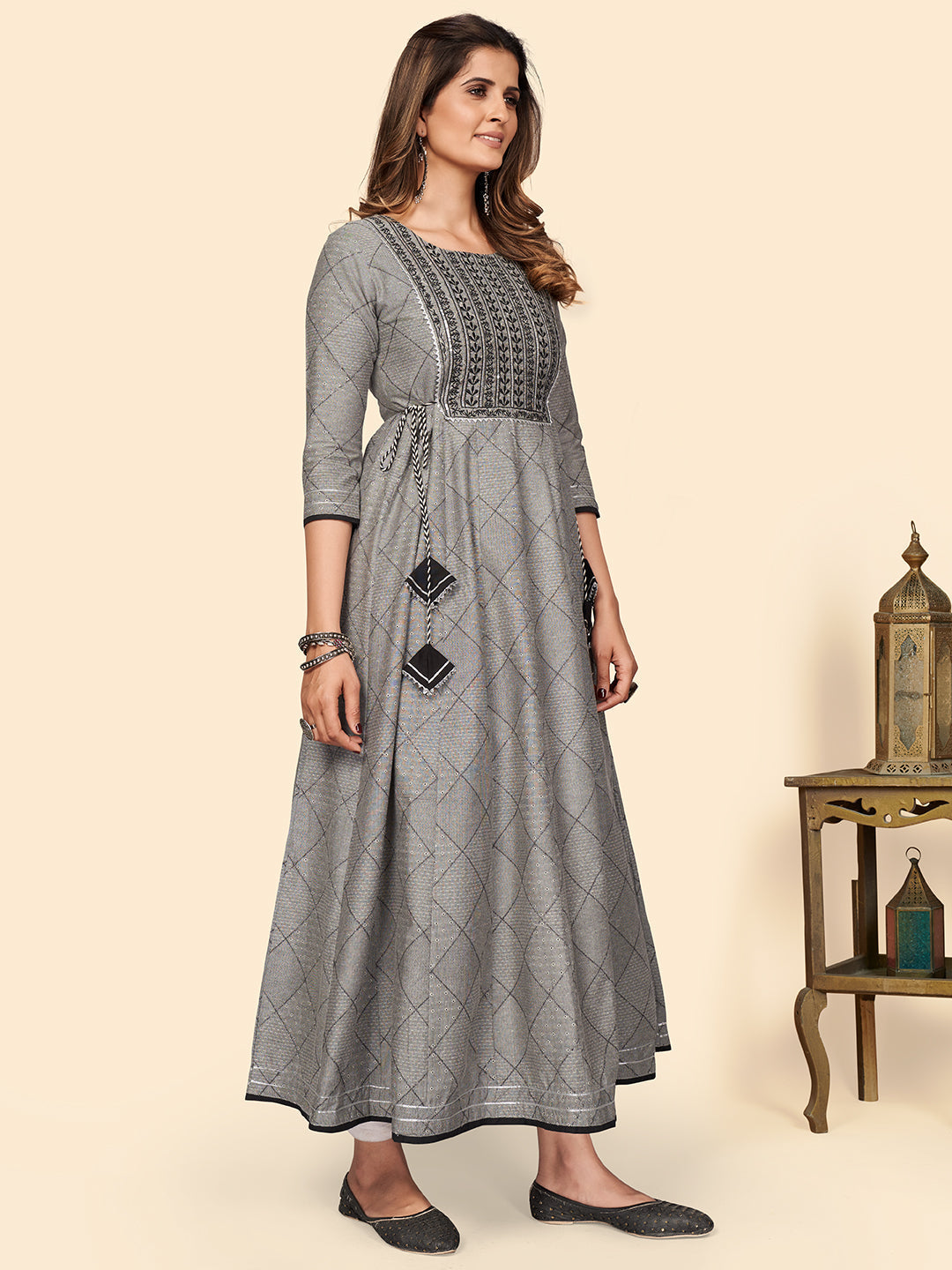 NOZ2TOZ Women's Embroidered Anarkali Cotton Bland Grey Stitched Kurta - Swadesiicart