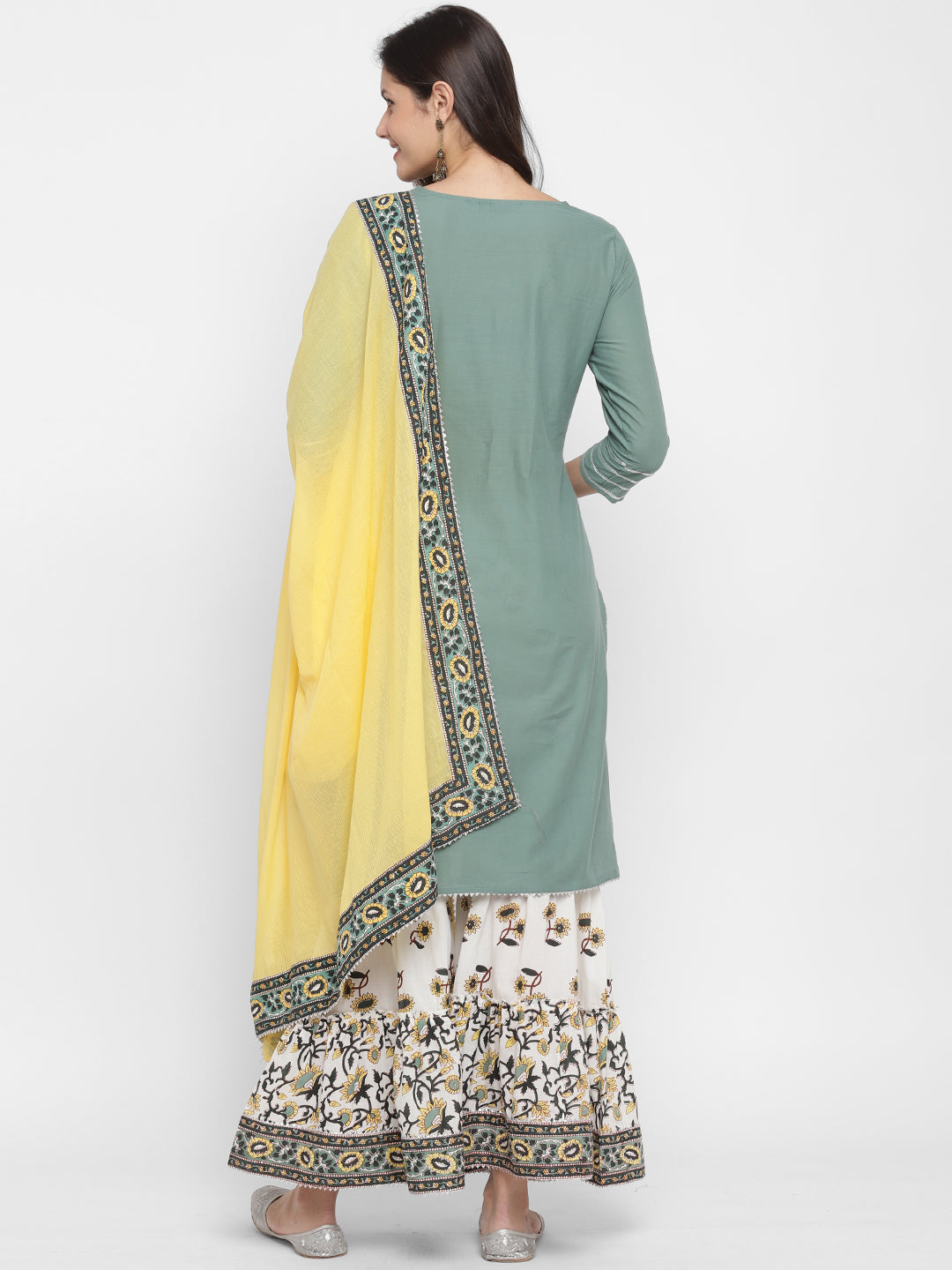 NOZ2TOZ Women's Solid, Sequence & Gotta Patti Straight Cotton Olive Green Kurta Sharara With Dupatta - Swadesiicart