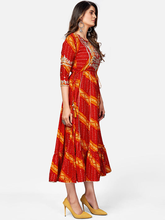 NOZ2TOZ Women's Red Bandhani Anarkali Kurta- (1pc Set) - Swadesiicart