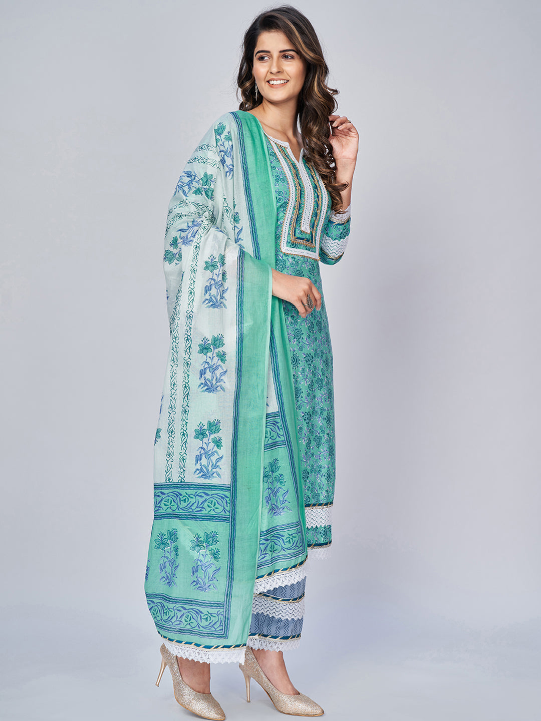 NOZ2TOZ Women's Printed & Lace Work Straight Cotton Aqua Kurta Pant With Dupatta - Swadesiicart