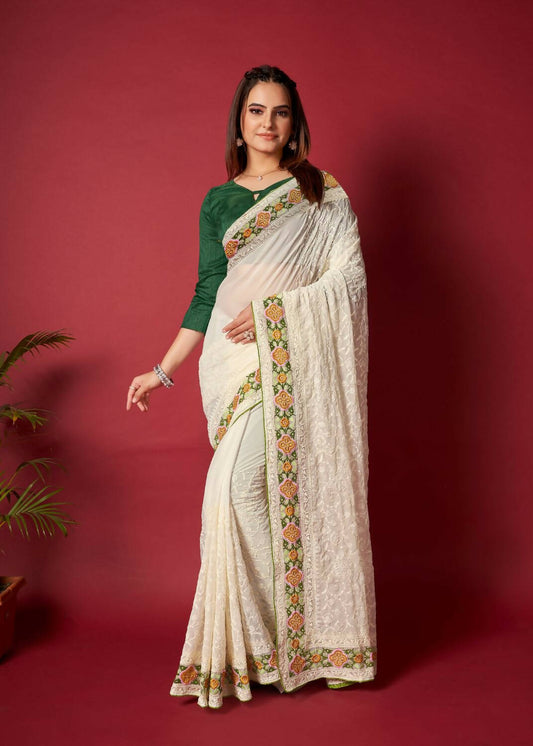 Vamsee White Georgette Designer Saree - Swadesiicart