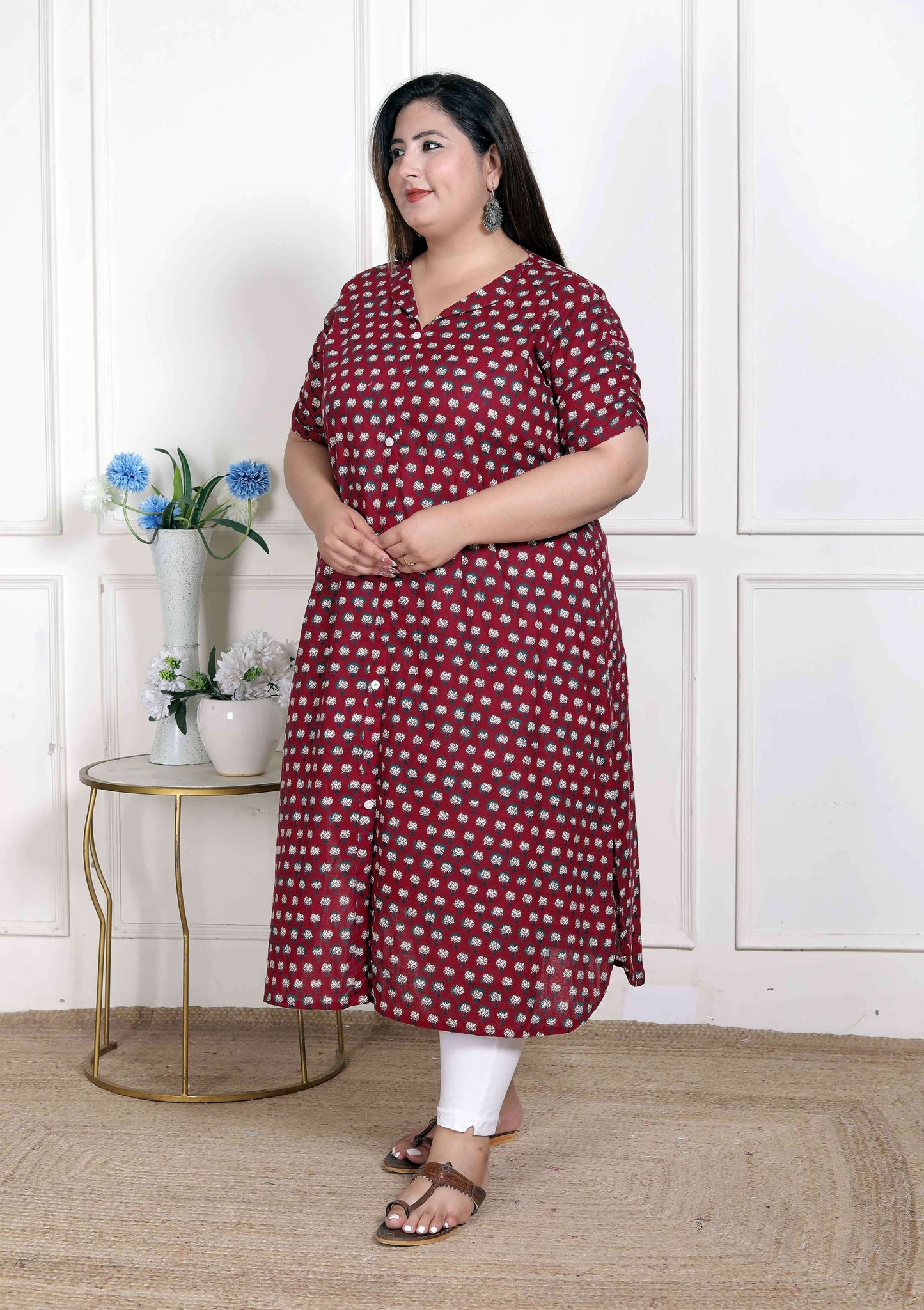 Miravan Women's Plus Size Relaxed Fit Red Floral Printed A-Line Pure Cotton Kurta - Swadesiicart