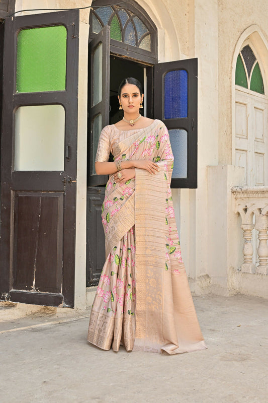 Vishnu Weaves Women's Chiku Banarasi Silk Saree with Blouse - Swadesiicart