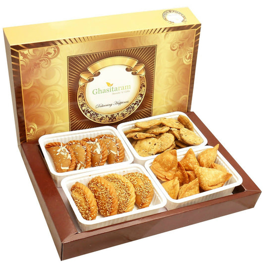 Ghasitaram Holi Hampers: Big Box of Dry Sweet Gujiyas, Til/ Sesame Gujiya, Farsan Samosas and Methi Mathi Hamper | Swadesiicart