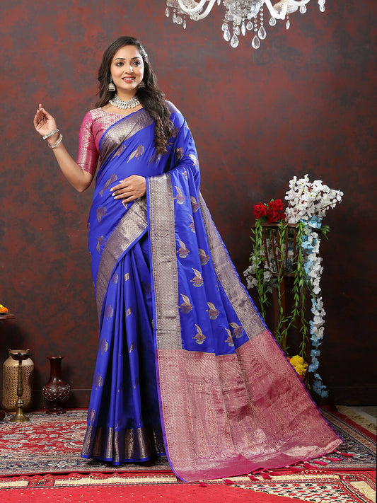 Lorenvalley Fashion Blue Soft Silk Woven Design Zari Weaving Saree - Swadesiicart