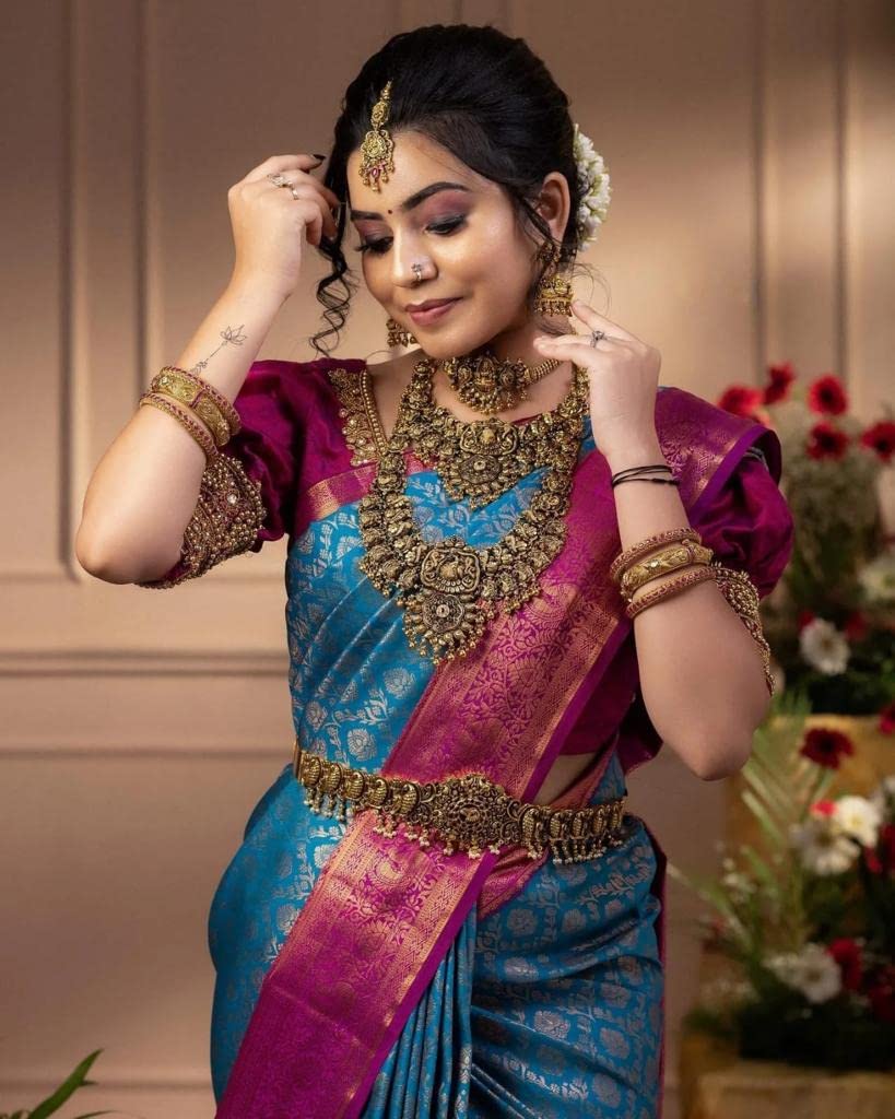 Vamika Weaving Banarasi Jacquard Sky Blue Kanjivaram Saree | Swadesiicart